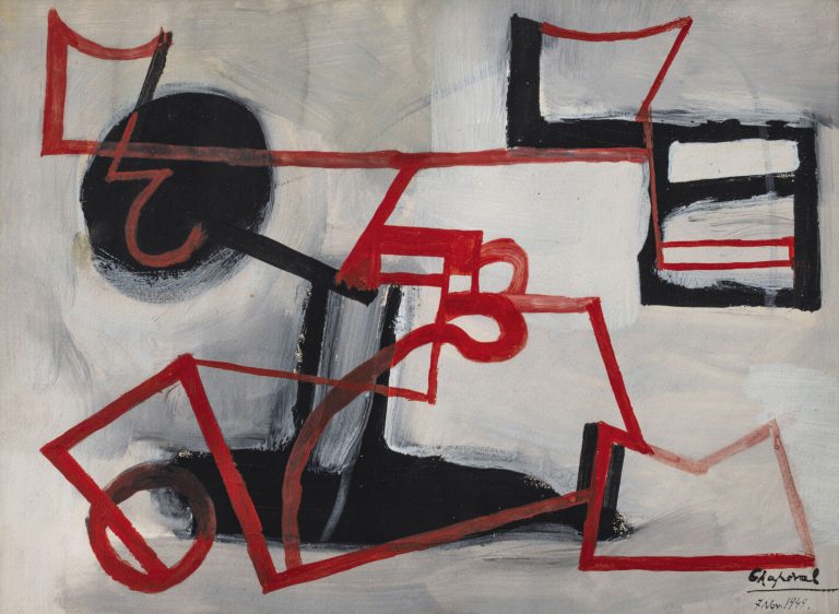 Youla Chapoval, Sans titre (Composition noire et rouge), 1949<br/>© Jeanne Bucher Jaeger