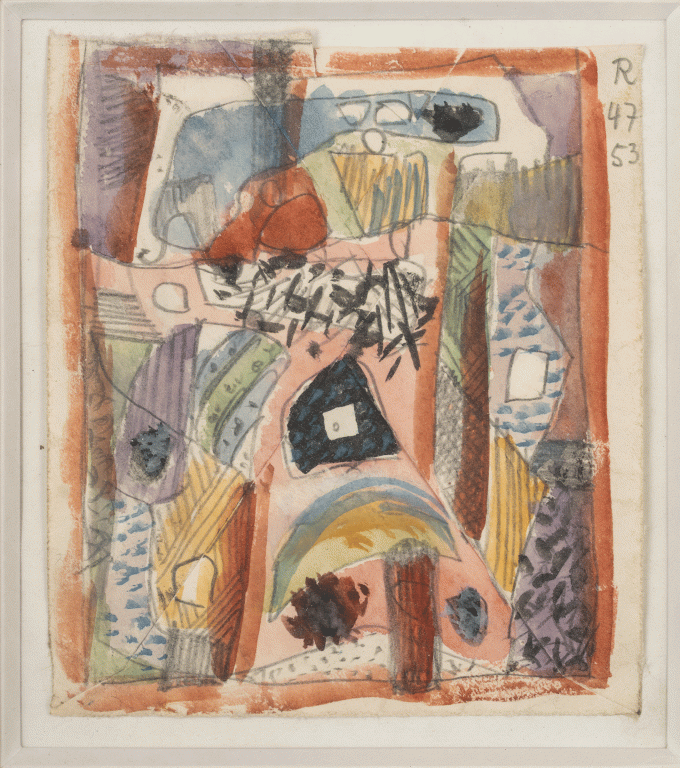 Hans Reichel, Kleine, bunte (rosa Schwarz) comp. auf Briefcouvert, 1947<br/>© Jeanne Bucher Jaeger