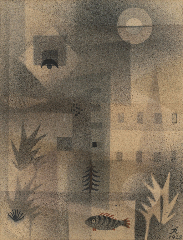 Hans Reichel, Maison, poisson et plante, n°28, 1928<br/>© Jeanne Bucher Jaeger